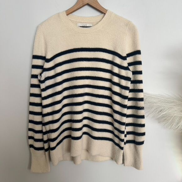 Loft Cream / Ivory and Navy Striped Crewneck Sweater - Picture 1 of 6